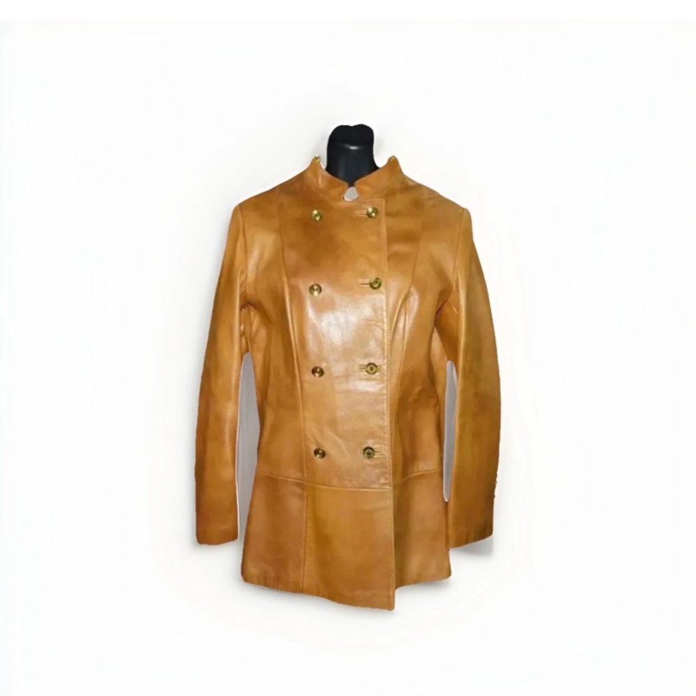 Elegant Tan Leather Double-Breasted Jacket